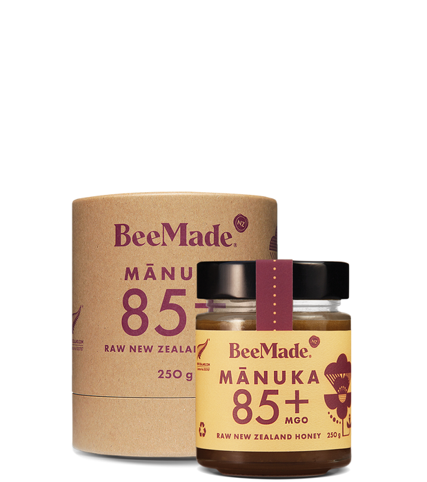 BeeMade M¡ánuka 85+ MGO honey jar and cardboard box