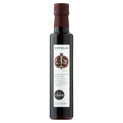 Bottle of Odyssea pomegranate molasses on a white background