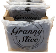 Row of packaged Granny Slice's 100% vegan