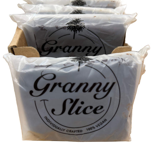 Row of packaged Granny Slice's 100% vegan