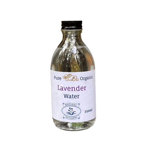 Bottle of pure organic lavender water with a white label on a white background