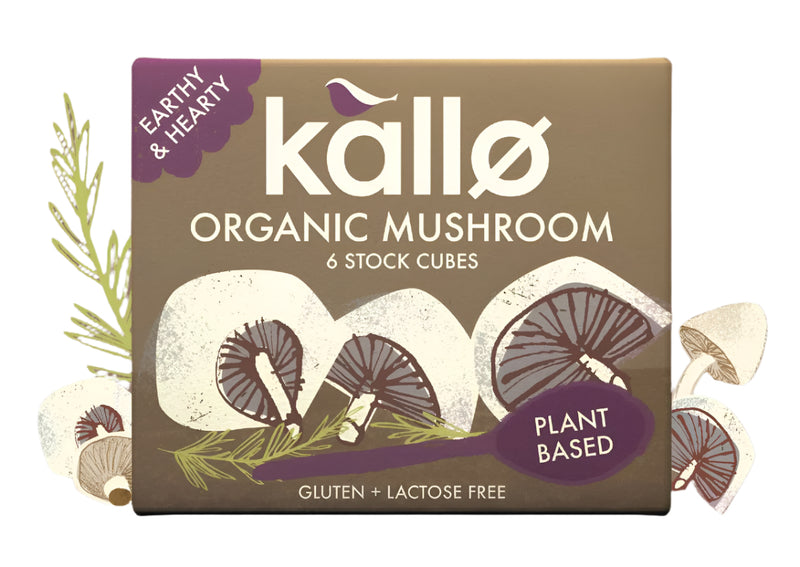 Packaging for Kallo Organic Mushroom Stock Cubes, indicating the product is gluten and lactose free, with an illustration of mushrooms on the front.