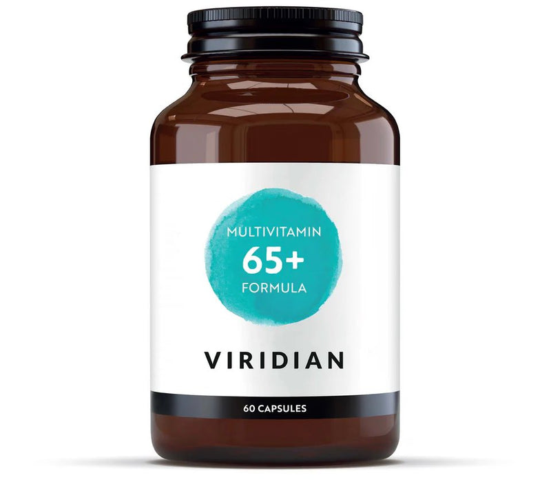 Viridian Multivitamin 65+ Formula 60 Capsules in a glass bottle 