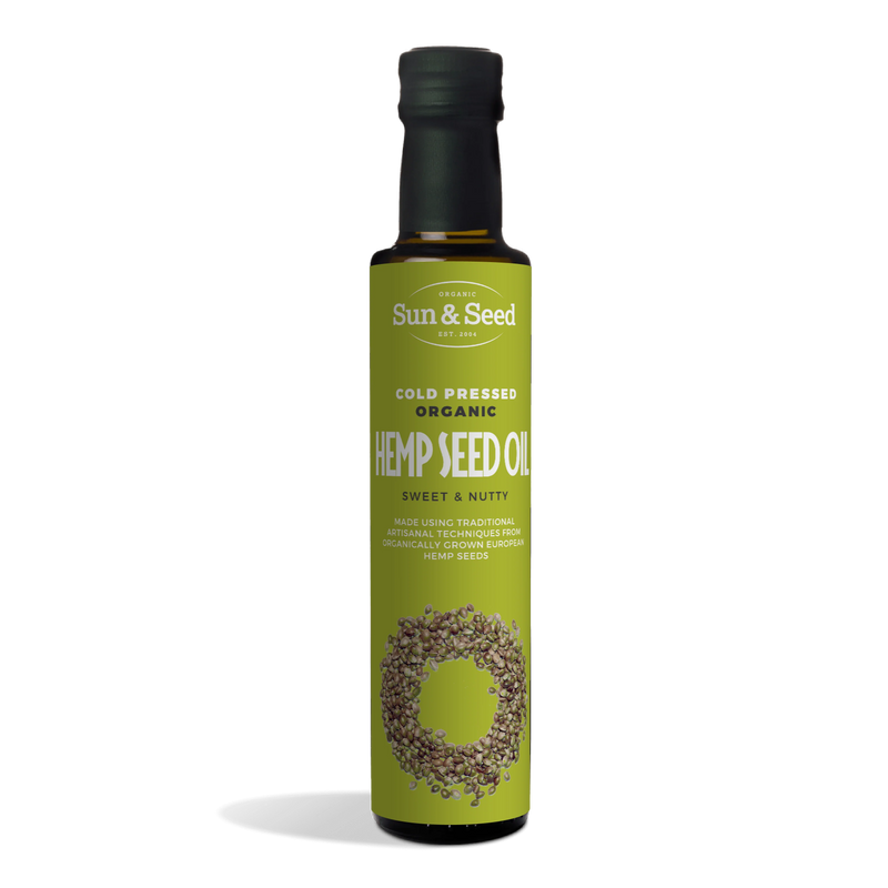 Sun & Seed Cold Pressed Organic Hemp Seed Oil in a glass bottle 