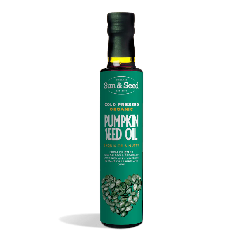 Sun & Seed cold pressed organic pumpkin seed oil in a glass bottle 