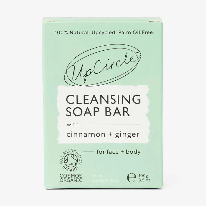 UpCircle cleansing soap bar with cinnamon and ginger in cardboard packaging for face and body