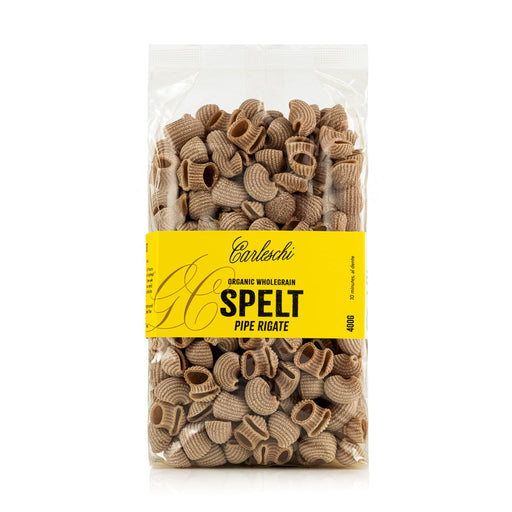 Compostable packaged spelt pipe rigate pasta organic wholegrain