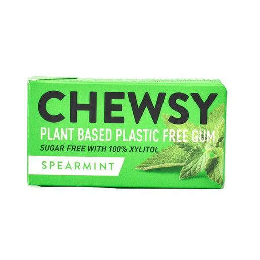 Chewsy plant-based plastic-free gum spearmint flavor in cardboard packaging