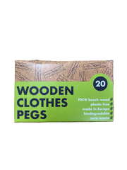 A package of 20 wooden clothes pegs in a cardboard box.