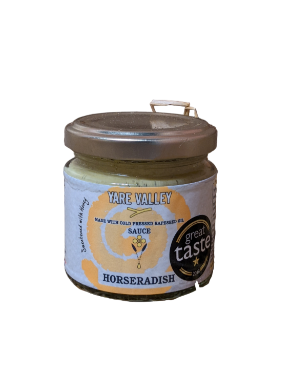 Jar of Yare Valley Horseradish Sauce with a 'Great Taste' award on a white background