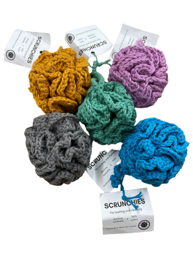 Handmade 100% cotton crocheted Scrunchies by Black Cat Crochet