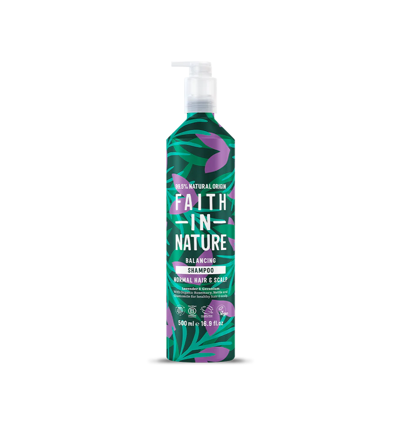 Aluminium  bottle of Faith in Nature shampoo lavender and geranium 