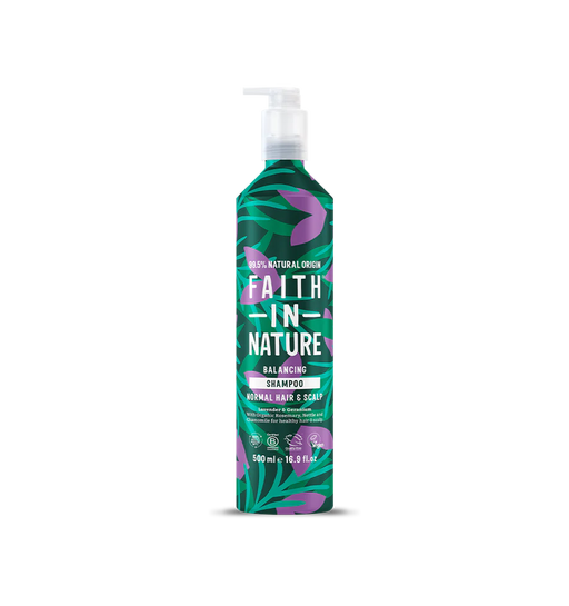 Aluminium  bottle of Faith in Nature shampoo lavender and geranium 
