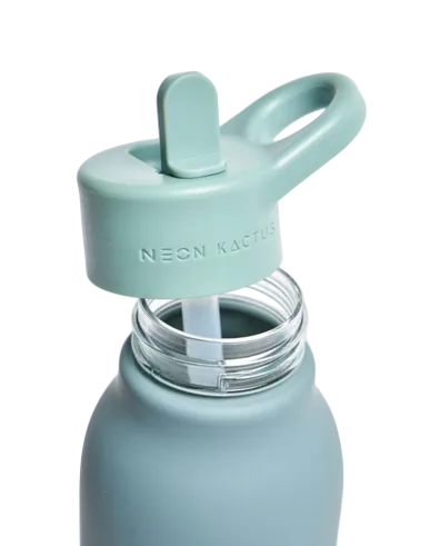 Light blue water bottle with a straw