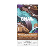 GNAW chocolate bar with almond, toffee, and sea salt flavor wrapped in paper