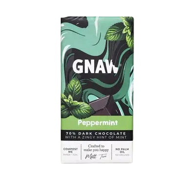 GNAW peppermint 70% dark chocolate wrapped in paper
