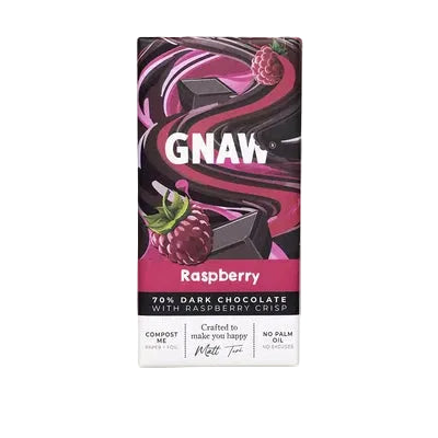 GNAW raspberry 70% dark chocolate with raspberry crisp 80g in compostable pachaging