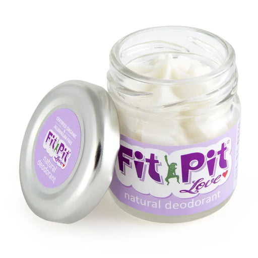 Glass jar of Fit Pit Love natural deodorant 
